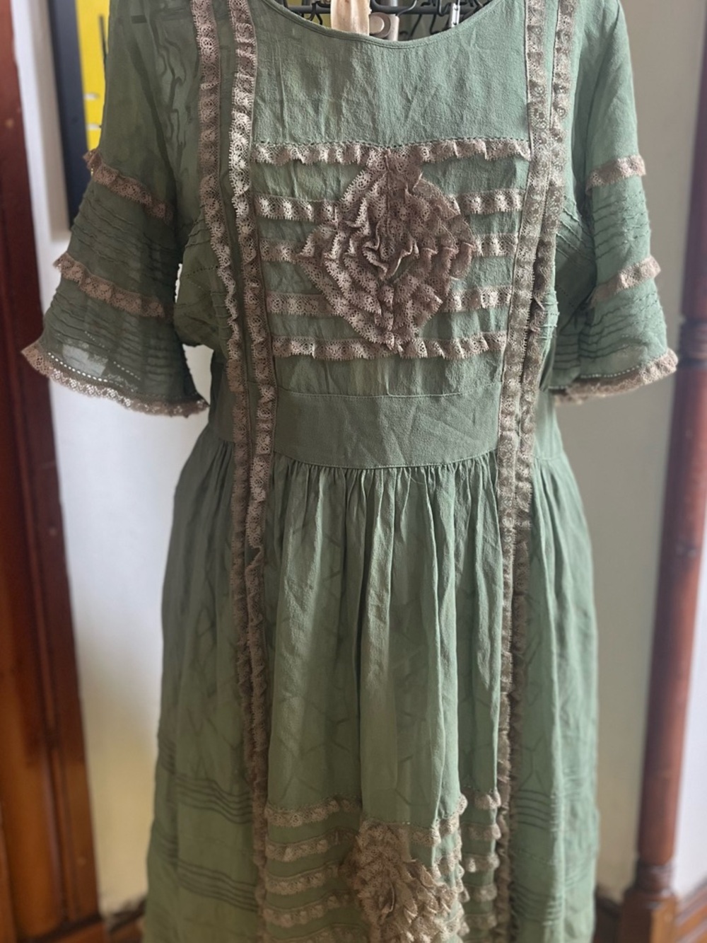 Sage Green Frilly Lace Trim Baby Doll Midi Dress
